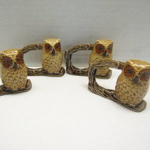 Vintage Glazed Ceramic Owl Napkin Rings / Holders Collectible (brown) Set of 4